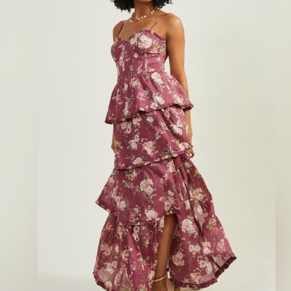 Altar’d State Stellni Floral Corset Back Busier Tiered Ruffle Maxi Dress Plum